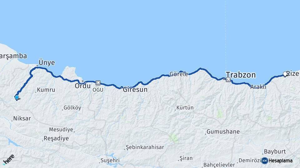 Ordu Akkuş Rize Arası Kaç Km - Yol Haritası