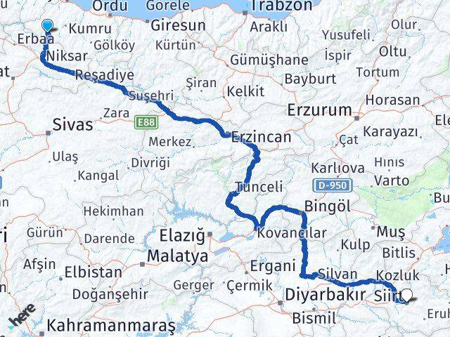 Ordu Akkuş Siirt Arası Kaç Km - Yol Haritası