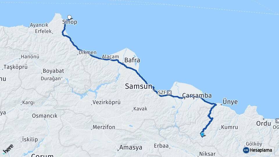 Ordu Akkuş Sinop Arası Kaç Km - Yol Haritası
