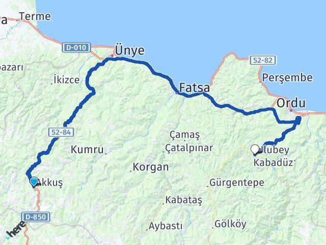 Ordu Akkuş Ulubey Arası Kaç Km - Yol Haritası