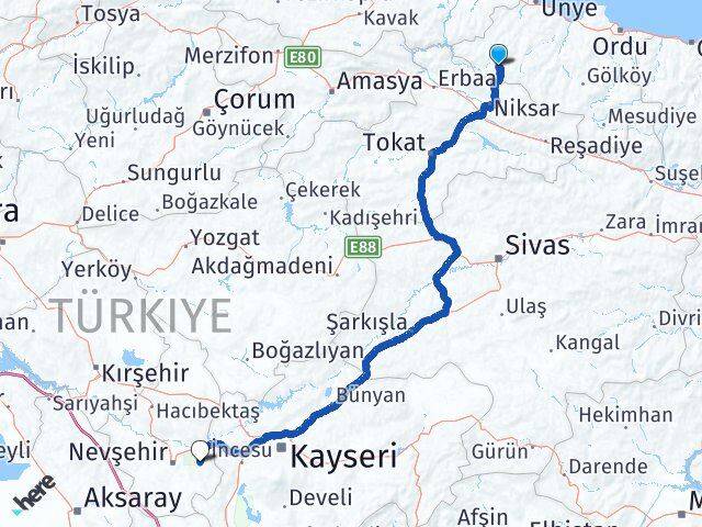 Ordu Akkuş Ürgüp Nevşehir Arası Kaç Km - Yol Haritası