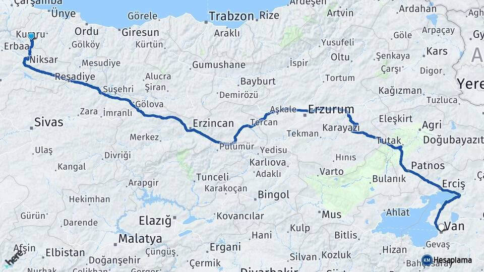 Ordu Akkuş Van Arası Kaç Km - Yol Haritası