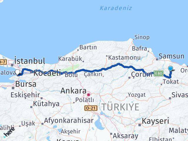 Ordu Akkuş Yalova Arası Kaç Km - Yol Haritası