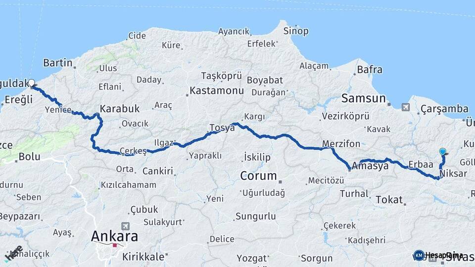 Ordu Akkuş Zonguldak Arası Kaç Km - Yol Haritası