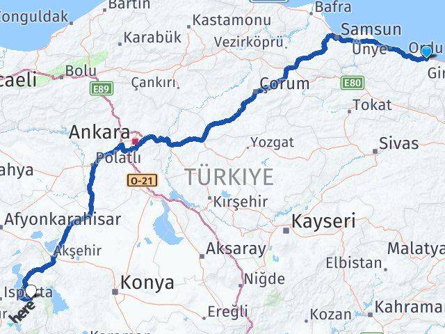 Ordu Aksu Isparta Arası Kaç Km - Yol Haritası