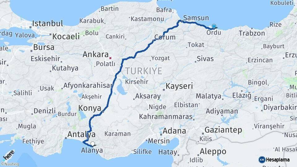 Ordu Alanya Antalya Arası Kaç Km - Yol Haritası