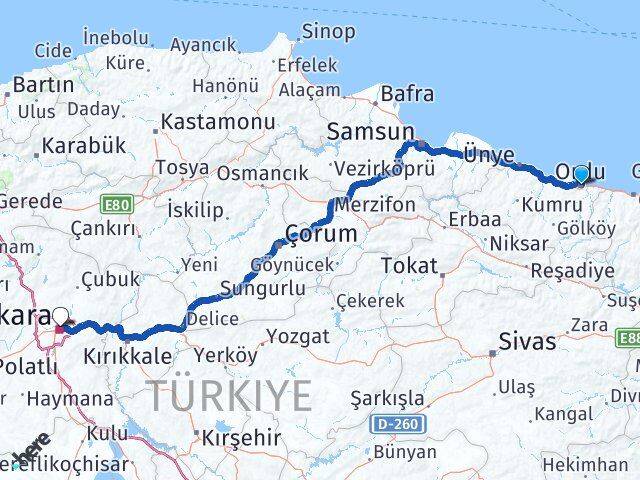 Ordu Altındağ Ankara Arası Kaç Km - Yol Haritası
