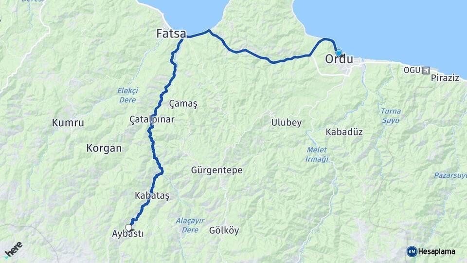 Ordu Altınordu Aybastı Arası Kaç Km - Yol Haritası