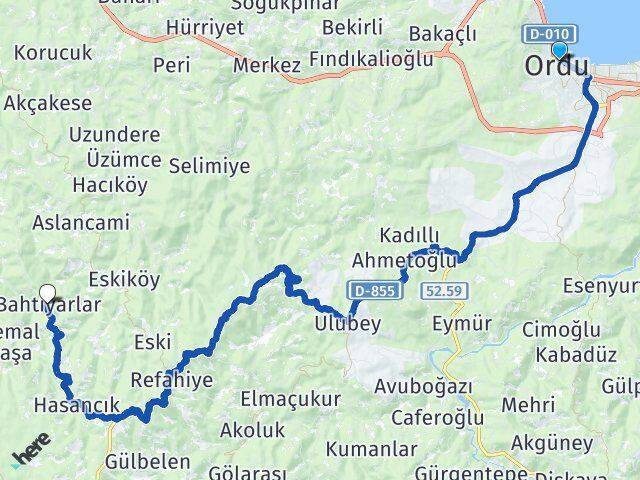 Ordu Altınordu Bahtiyarlar Gürgentepe Arası Kaç Km - Yol Haritası