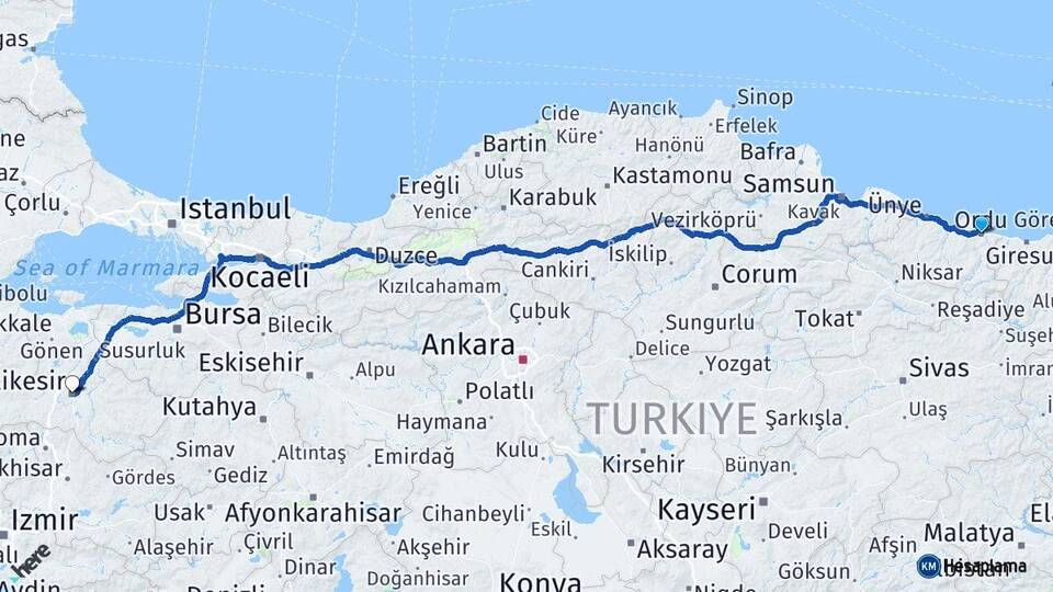 Ordu Altınordu Balıkesir Arası Kaç Km - Yol Haritası