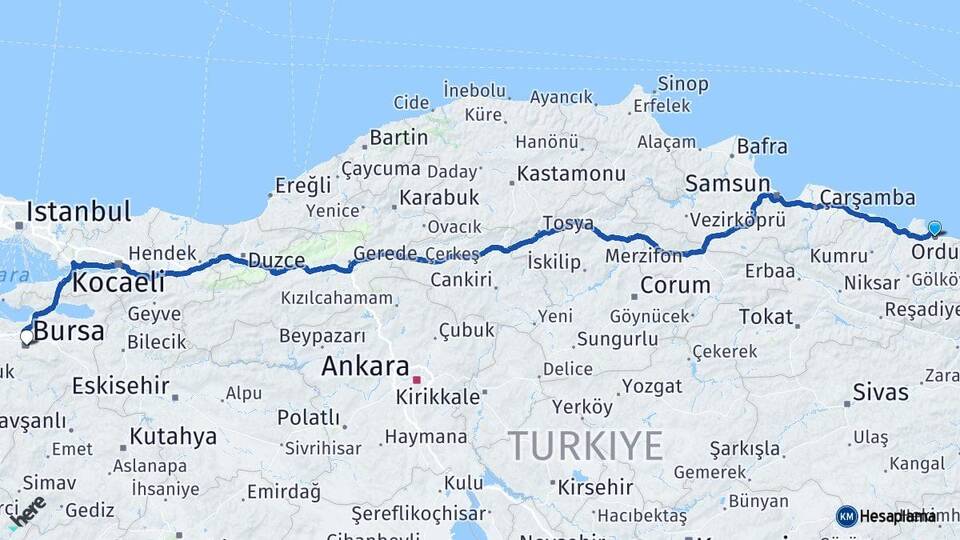Ordu Altınordu Bursa Arası Kaç Km - Yol Haritası