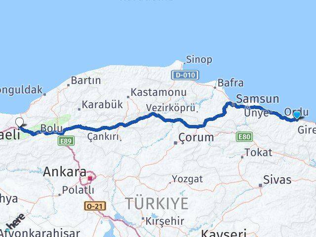 Ordu Altınordu Düzce Arası Kaç Km - Yol Haritası