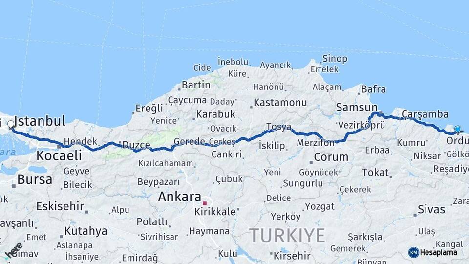 Ordu Altınordu İstanbul Arası Kaç Km - Yol Haritası