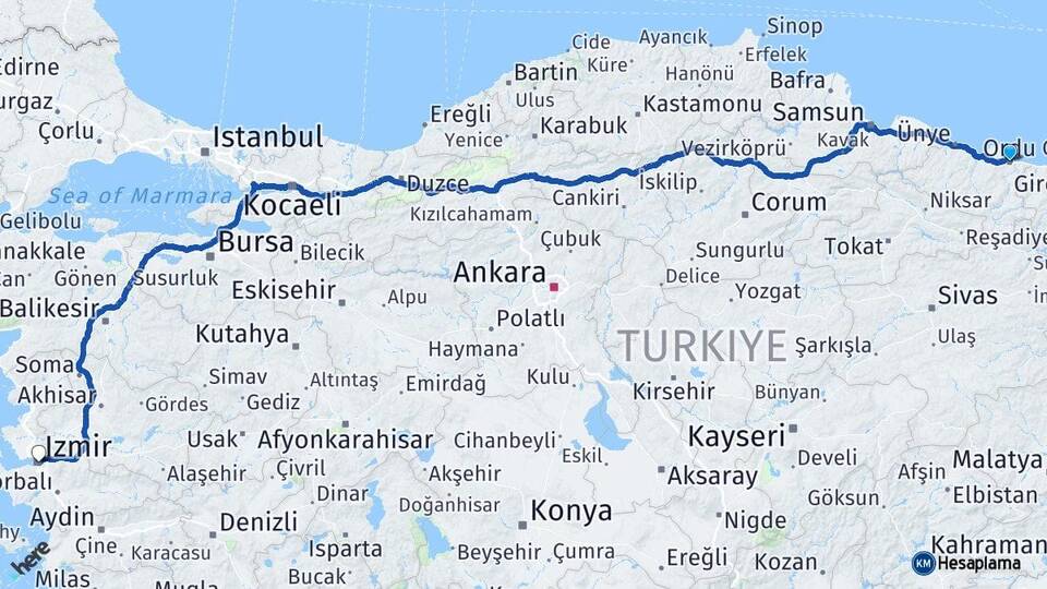 Ordu Altınordu İzmir Arası Kaç Km - Yol Haritası