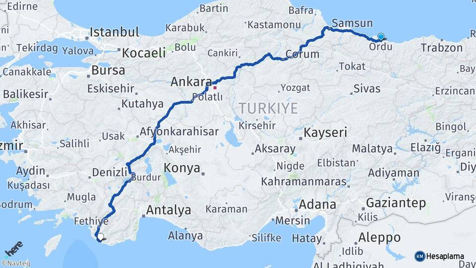 Ordu Altınordu Kalkan Kaş Antalya Arası Kaç Km - Yol Haritası