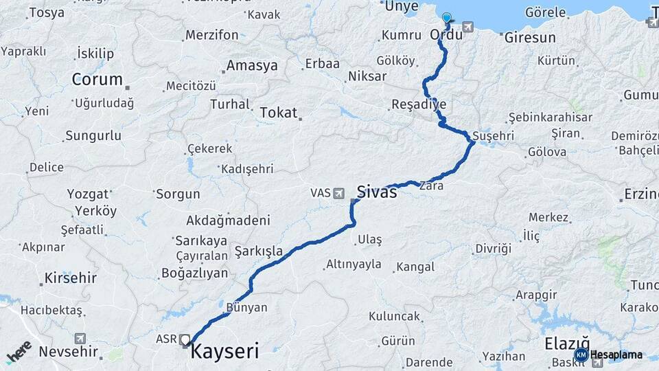 Ordu Altınordu Kayseri Arası Kaç Km - Yol Haritası