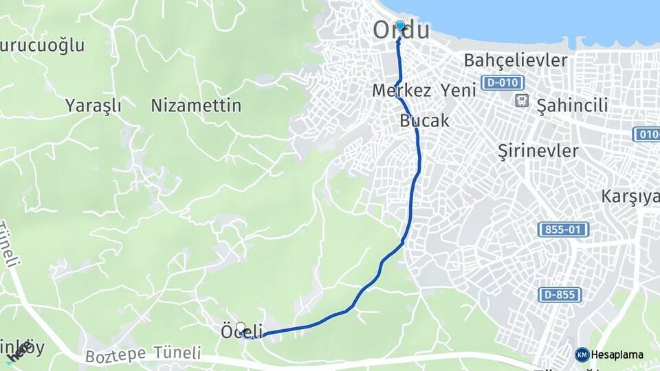 Ordu Altınordu Öceli Altınordu Arası Kaç Km - Yol Haritası