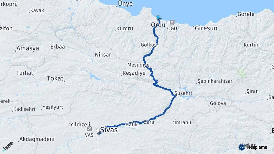 Ordu Altınordu Sivas Arası Kaç Km - Yol Haritası
