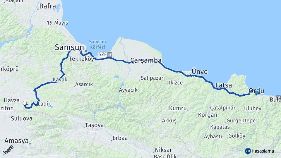 Ordu Altınordu Söğütlü Ladik Samsun Arası Kaç Km - Yol Haritası
