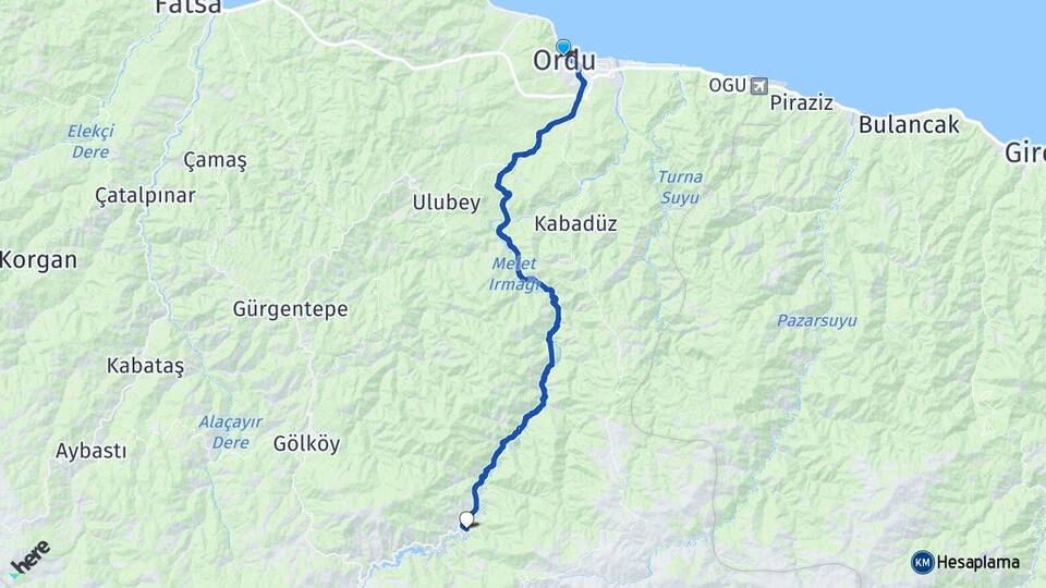 Ordu Altınordu Topçam Mesudiye Arası Kaç Km - Yol Haritası