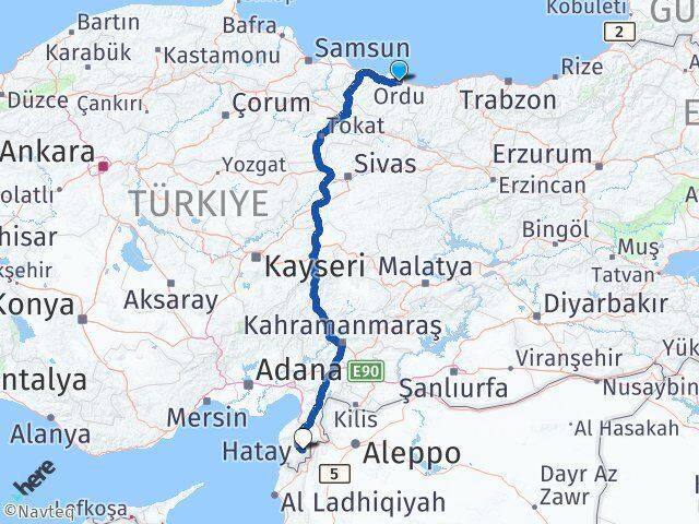 Ordu Altınözü Hatay Arası Kaç Km - Yol Haritası