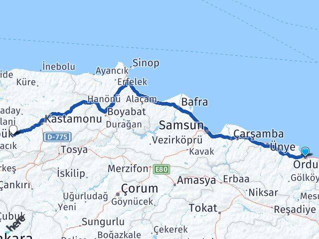 Ordu Araç Kastamonu Arası Kaç Km - Yol Haritası