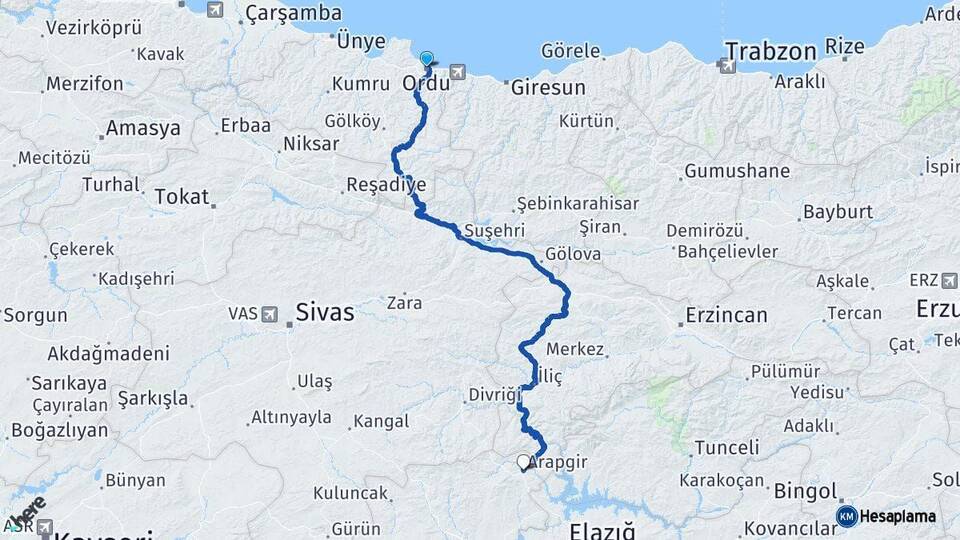 Ordu Arapgir Malatya Arası Kaç Km - Yol Haritası