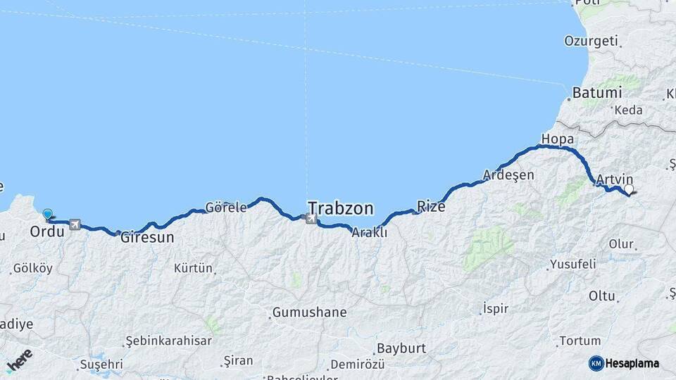 Ordu Ardanuç Artvin Arası Kaç Km - Yol Haritası