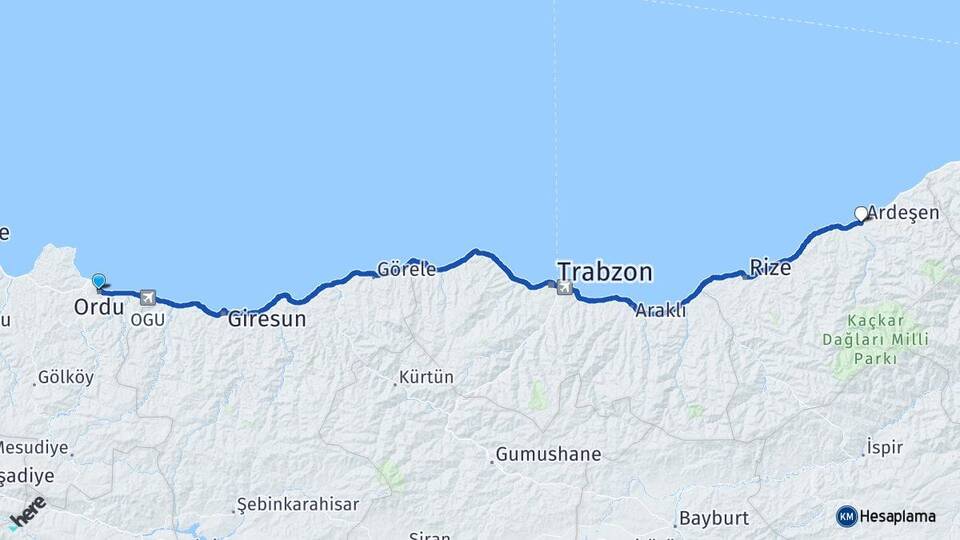 Ordu Ardeşen Rize Arası Kaç Km - Yol Haritası