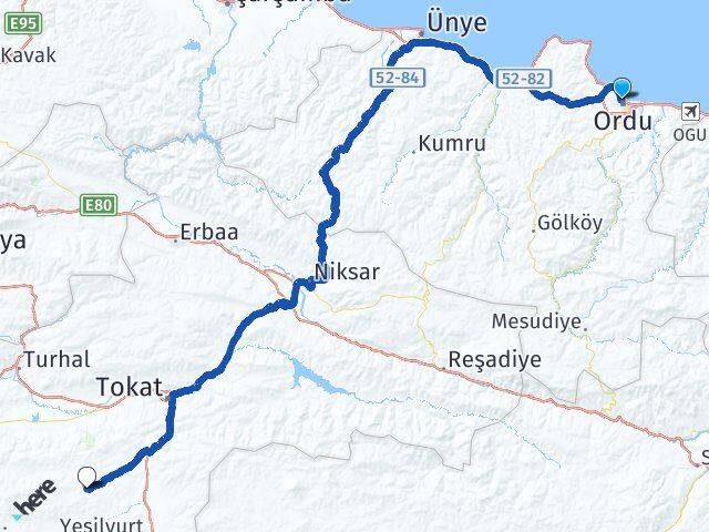 Ordu Artova Tokat Arası Kaç Km - Yol Haritası