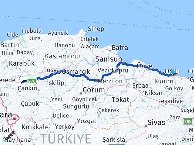 Ordu Atkaracalar Çankırı Arası Kaç Km - Yol Haritası
