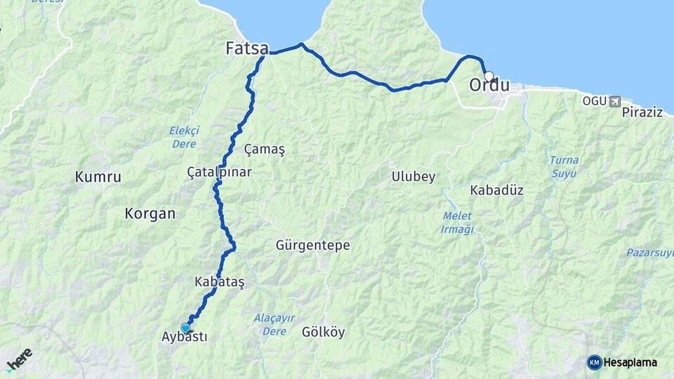 Ordu Aybastı Altınordu Arası Kaç Km - Yol Haritası