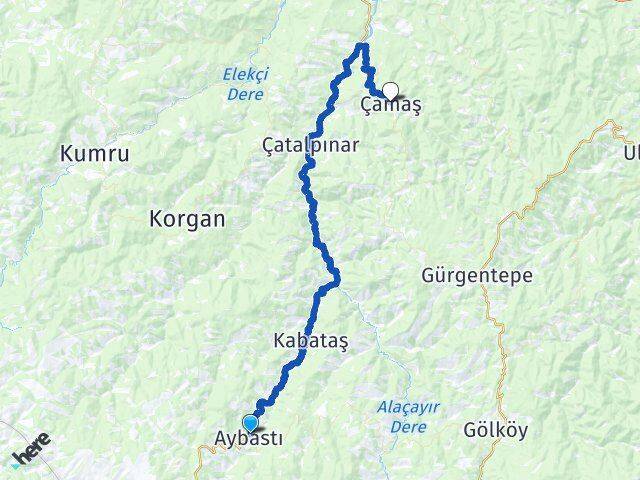 Ordu Aybastı Çamaş Arası Kaç Km - Yol Haritası
