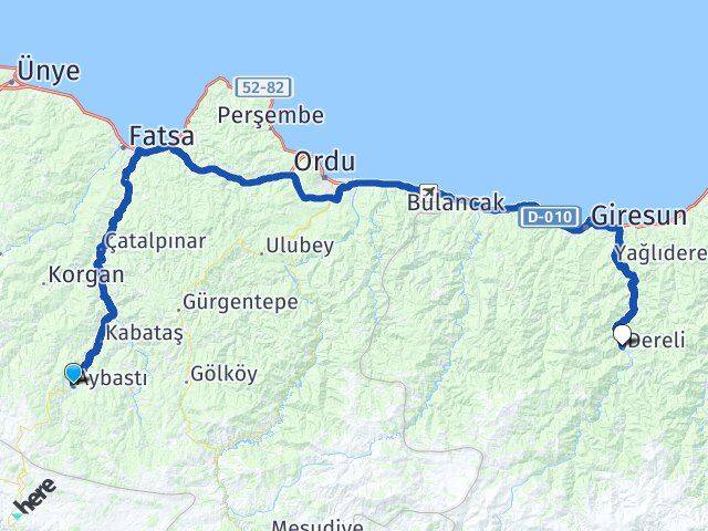Ordu Aybastı Dereli Giresun Arası Kaç Km - Yol Haritası