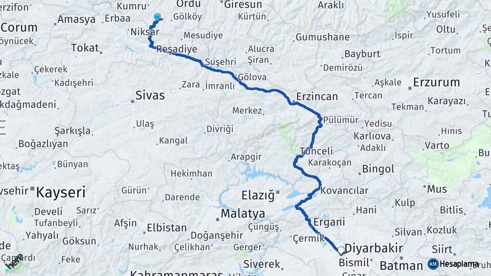 Ordu Aybastı Diyarbakır Arası Kaç Km - Yol Haritası