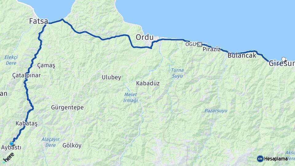 Ordu Aybastı Giresun Arası Kaç Km - Yol Haritası