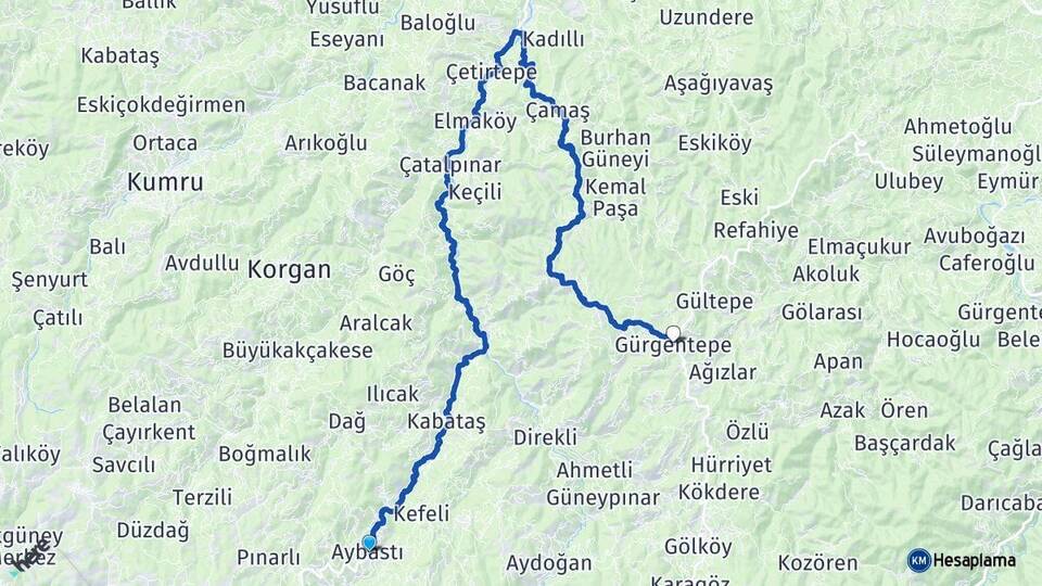 Ordu Aybastı Gürgentepe Arası Kaç Km - Yol Haritası