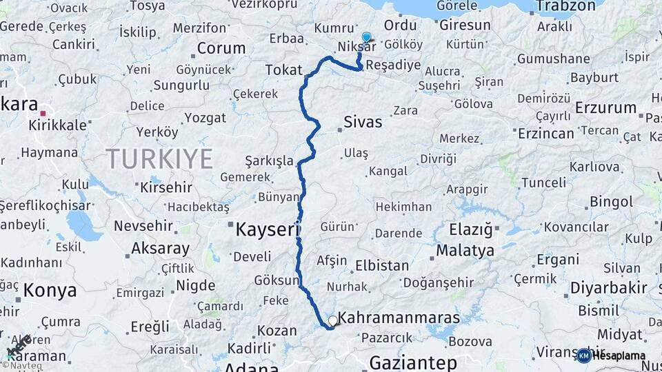 Ordu Aybastı Kahramanmaraş Arası Kaç Km - Yol Haritası