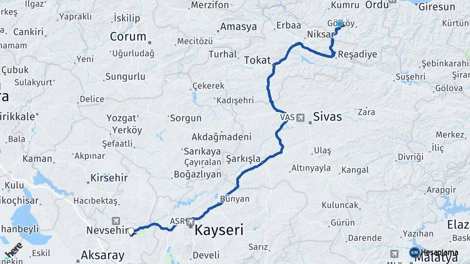 Ordu Aybastı Nevşehir Arası Kaç Km - Yol Haritası