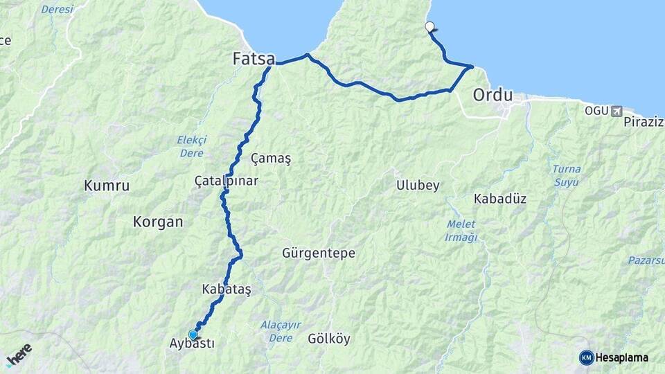 Ordu Aybastı Perşembe Arası Kaç Km - Yol Haritası