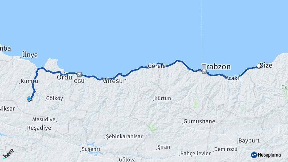 Ordu Aybastı Rize Arası Kaç Km - Yol Haritası