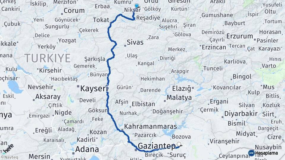 Ordu Aybastı Şanlıurfa Arası Kaç Km - Yol Haritası