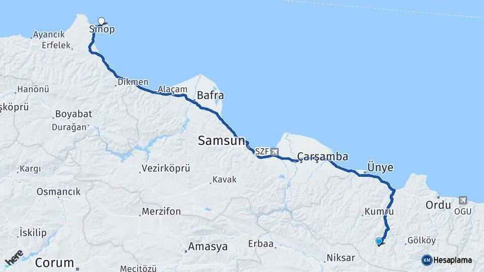 Ordu Aybastı Sinop Arası Kaç Km - Yol Haritası