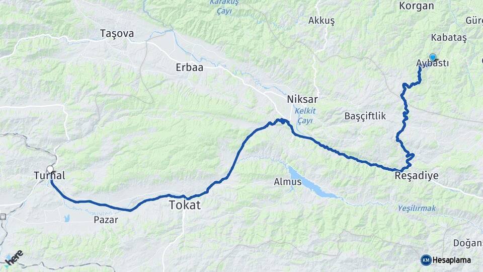 Ordu Aybastı Turhal Tokat Arası Kaç Km - Yol Haritası