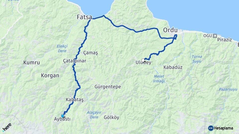 Ordu Aybastı Ulubey Arası Kaç Km - Yol Haritası