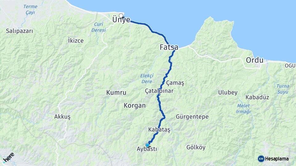 Ordu Aybastı Ünye Arası Kaç Km - Yol Haritası