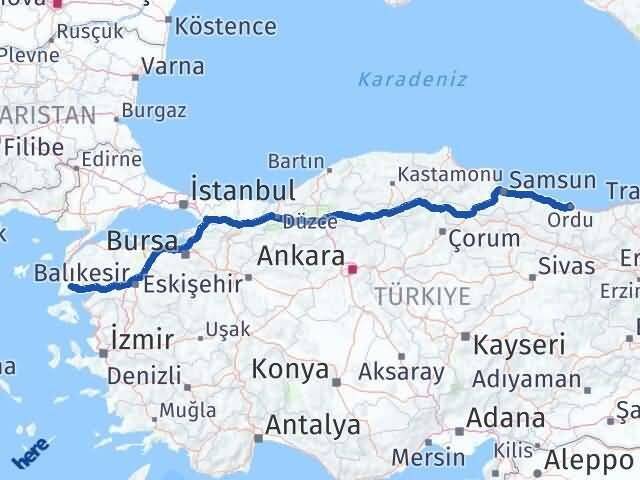 Ordu Ayvacık Çanakkale Arası Kaç Km - Yol Haritası