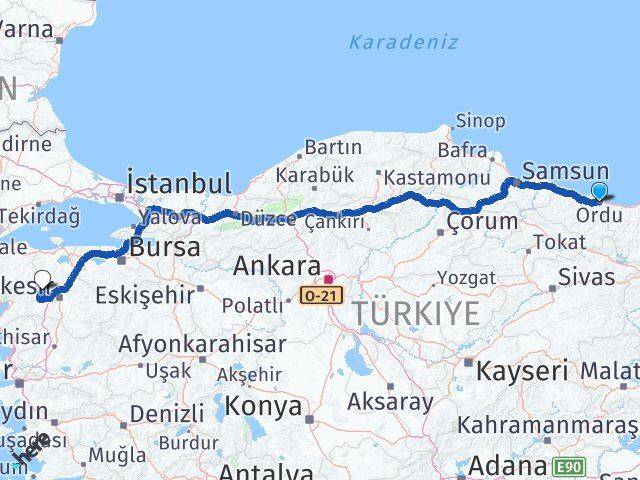 Ordu Balya Balıkesir Arası Kaç Km - Yol Haritası