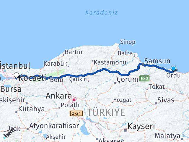 Ordu Başiskele Kocaeli Arası Kaç Km - Yol Haritası