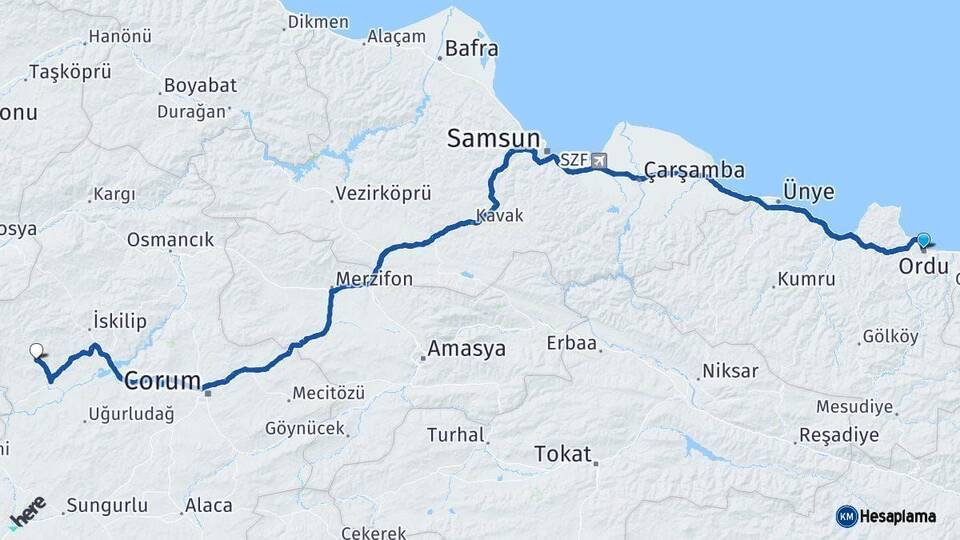 Ordu Bayat Çorum Arası Kaç Km - Yol Haritası
